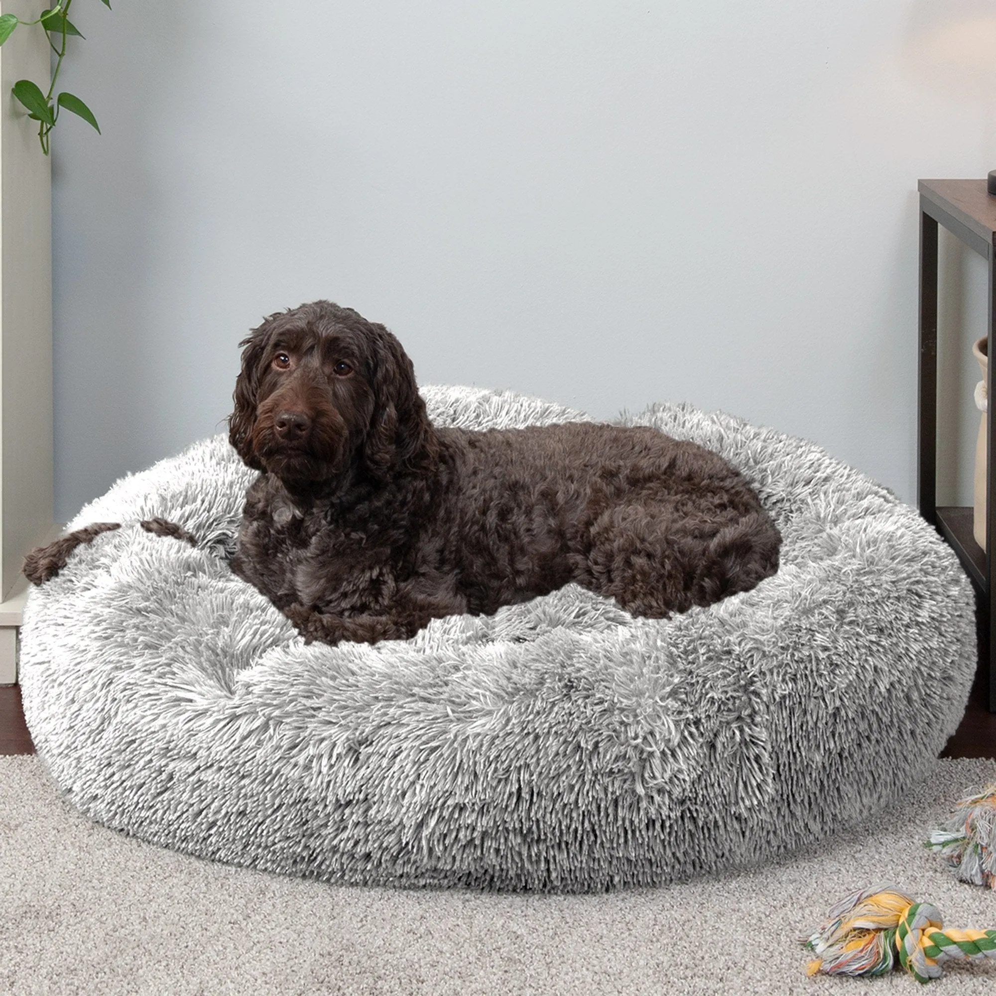 FurHaven Calming Cuddler Long Fur Donut Bed - Large 36, Mist Gray