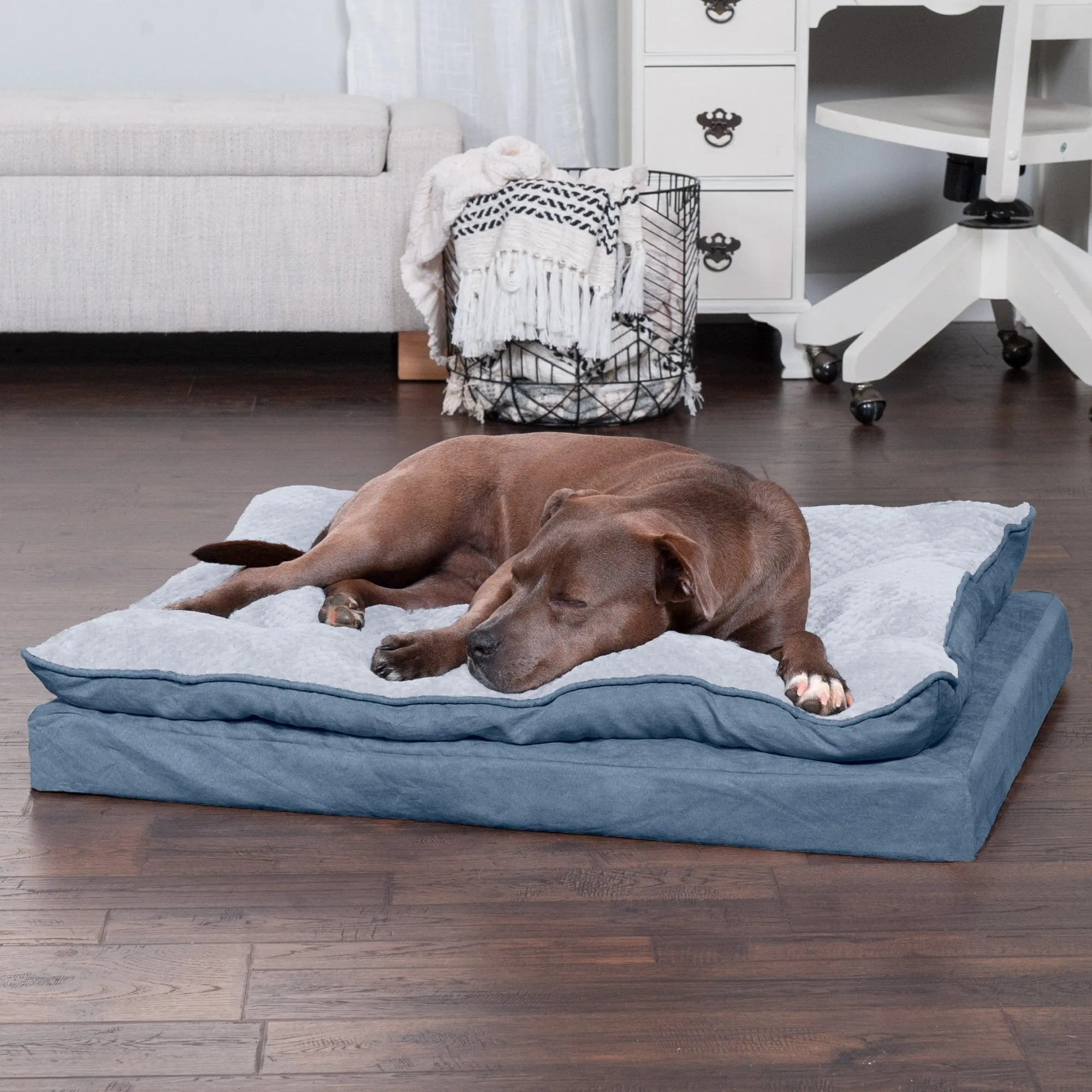 FurHaven Minky Faux Fur & Suede Pillow-Top Orthopedic Dog Bed - Large, Stonewash Blue