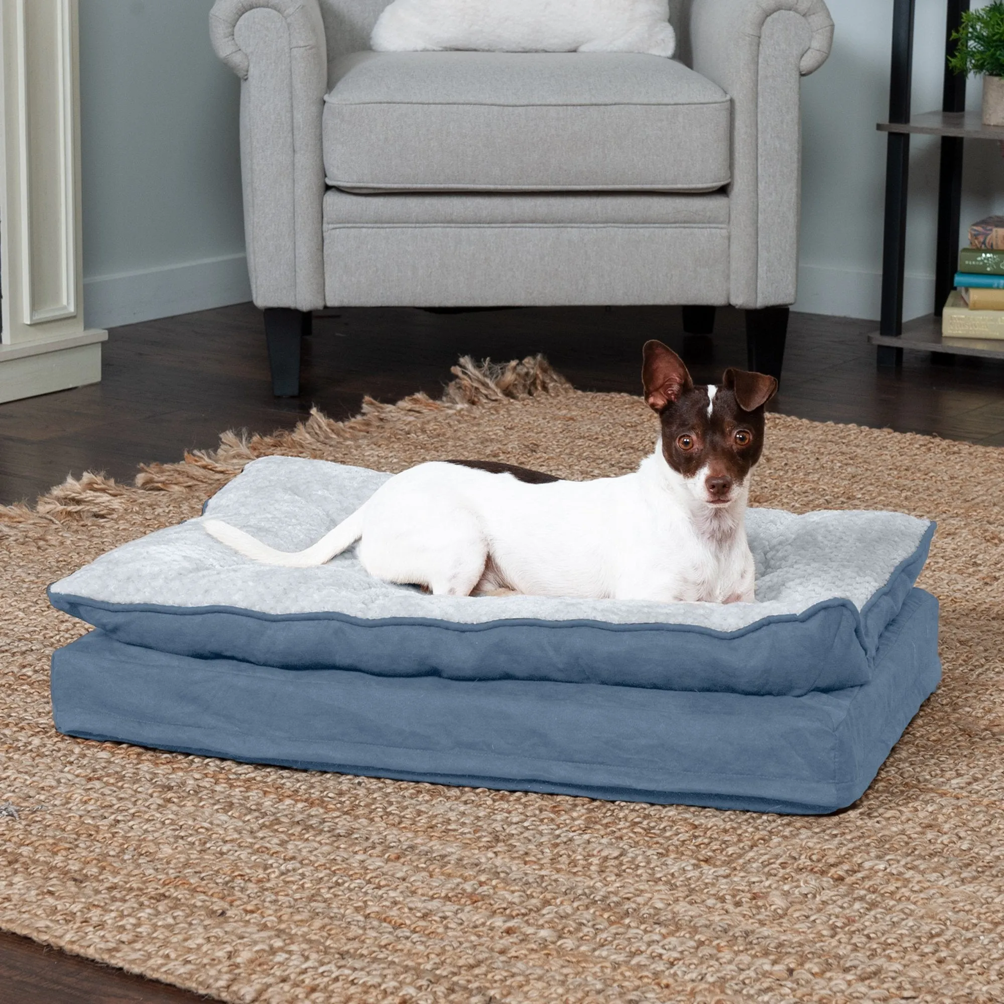 FurHaven Minky Faux Fur & Suede Pillow-Top Orthopedic Dog Bed - Medium, Stonewash Blue