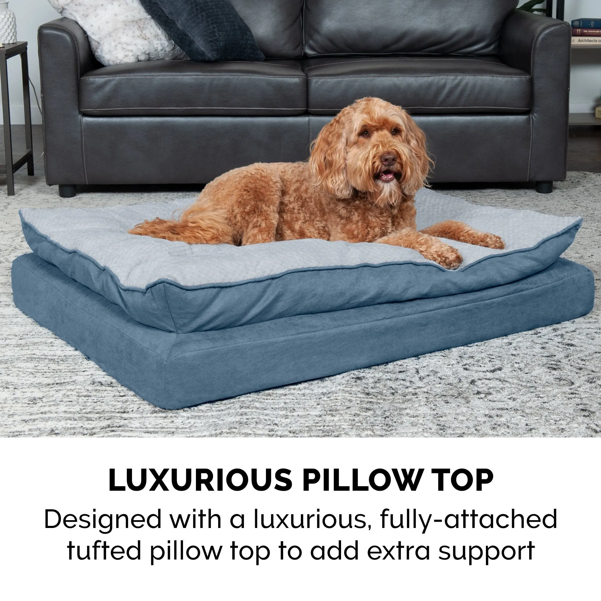 FurHaven Minky Faux Fur & Suede Pillow-Top Orthopedic Dog Bed - Medium, Stonewash Blue