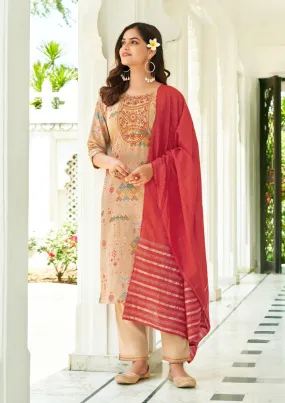 Gorgeous Peach Color Straight Kurthi With Pant And Fancy Jacquard Dupatta For Women