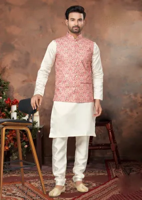 Gorgeous Pink Color Silk Designer Kurta With Pajama Pant And Thread Sequins Work Jacket For Men