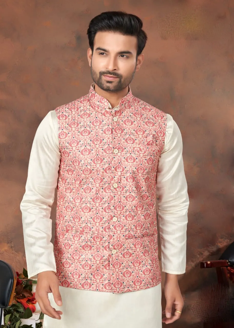 Gorgeous Pink Color Silk Designer Kurta With Pajama Pant And Thread Sequins Work Jacket For Men