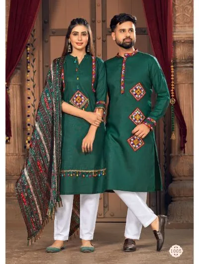 Green Couple Navratri White Kurta Pajama & Dupatta for Men Women