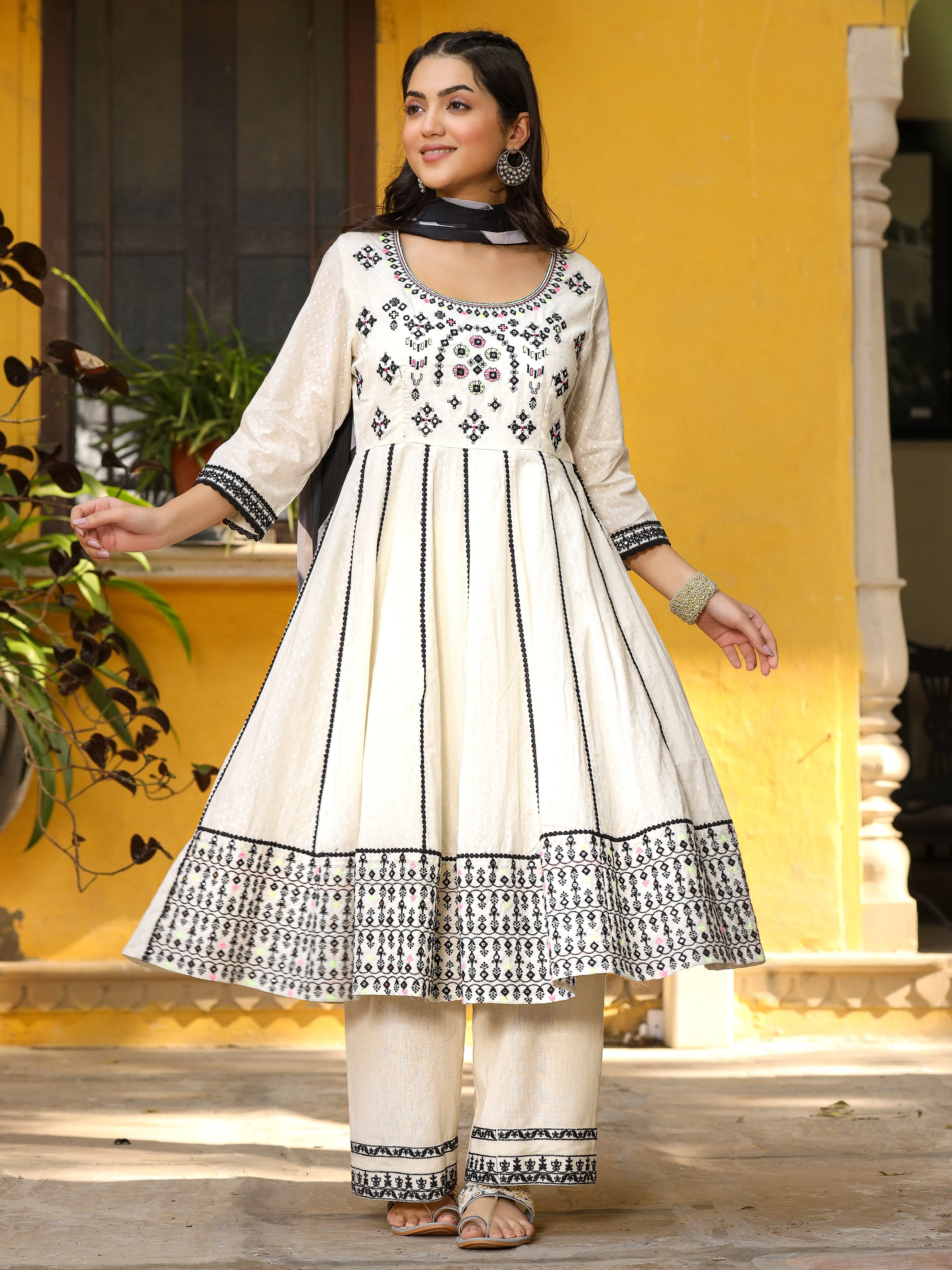 Juniper Black & White Cotton Embroidered Anarkali Kurta Pants & Dupatta Set