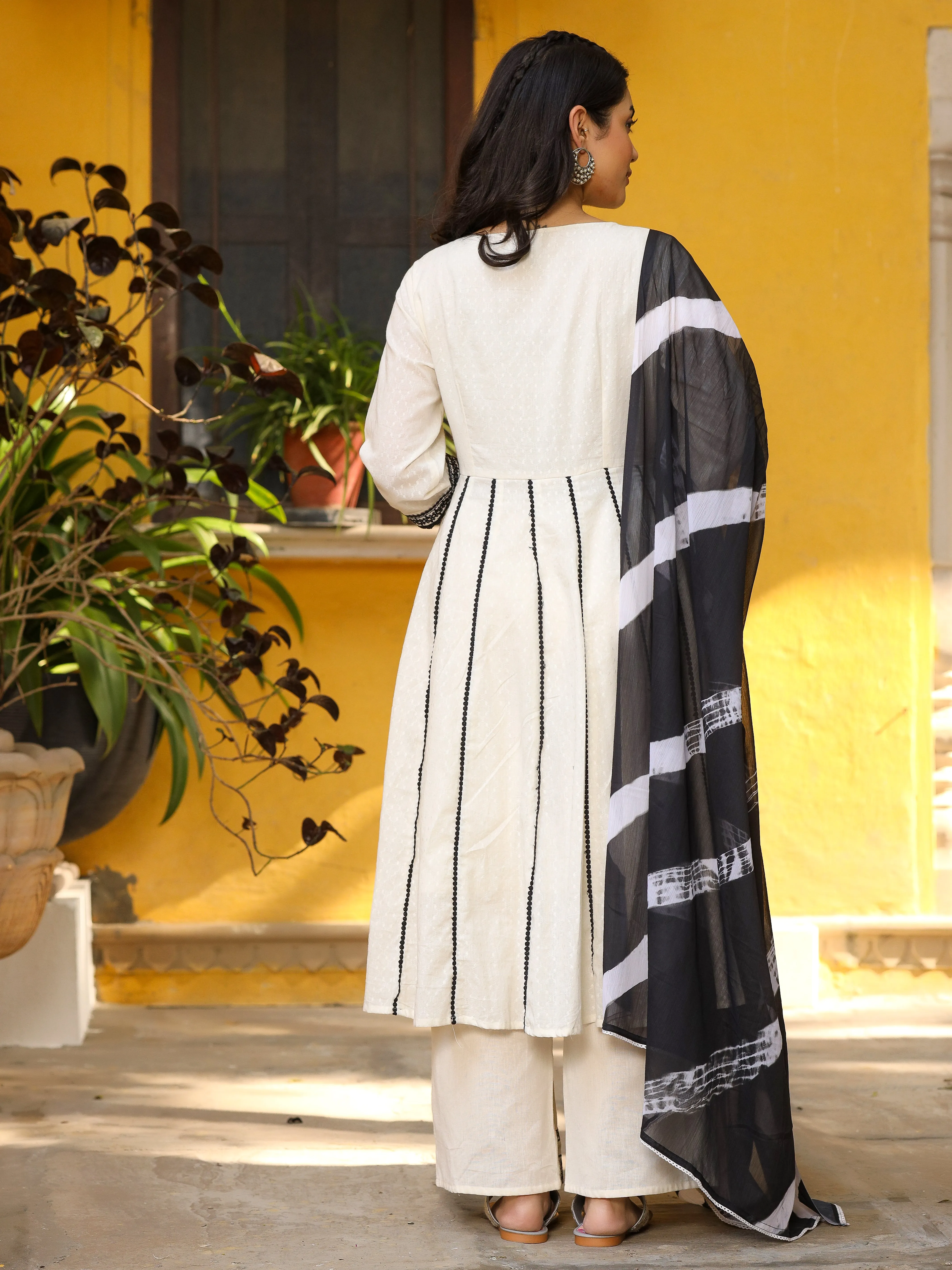 Juniper Black & White Cotton Embroidered Anarkali Kurta Pants & Dupatta Set