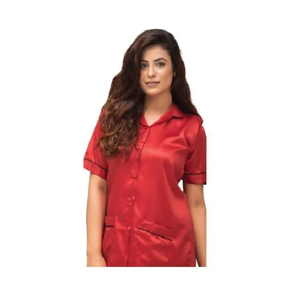 Ladies Maroon Nightwear | Bridal Front Open Shirt & Pajama Set Nightdress | Girls Hot Silky Nightwear