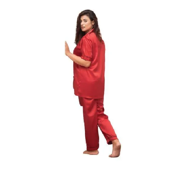 Ladies Maroon Nightwear | Bridal Front Open Shirt & Pajama Set Nightdress | Girls Hot Silky Nightwear