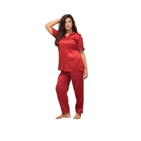 Ladies Maroon Nightwear | Bridal Front Open Shirt & Pajama Set Nightdress | Girls Hot Silky Nightwear