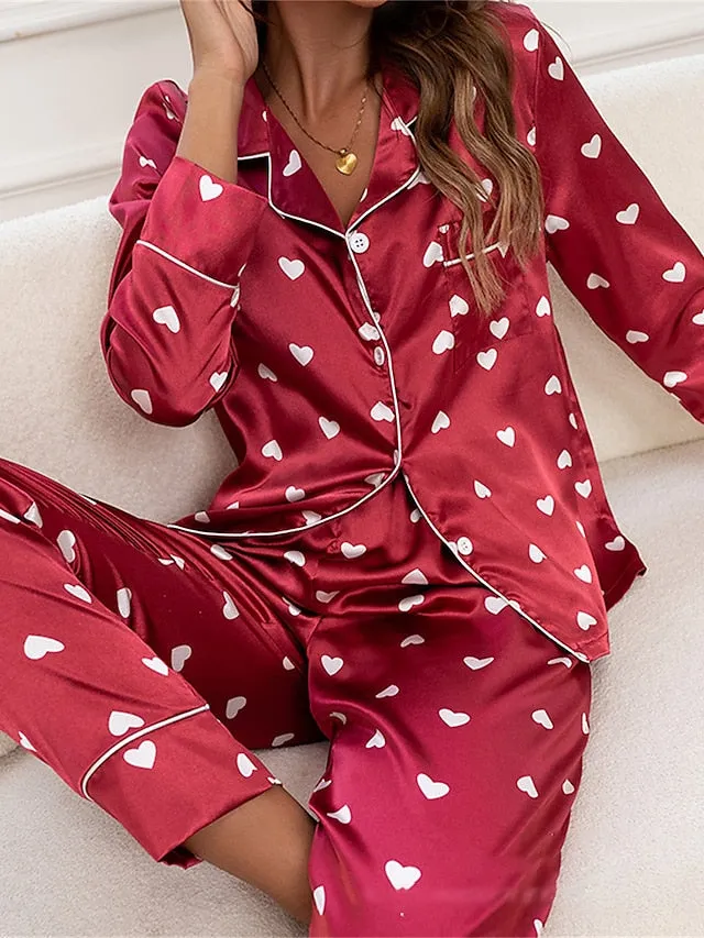 Leopard Heart Silk Pajama Set with Lapel Shirt for Women