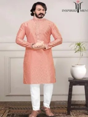 Light Pink Silk Cotton Men Kurta Pajama