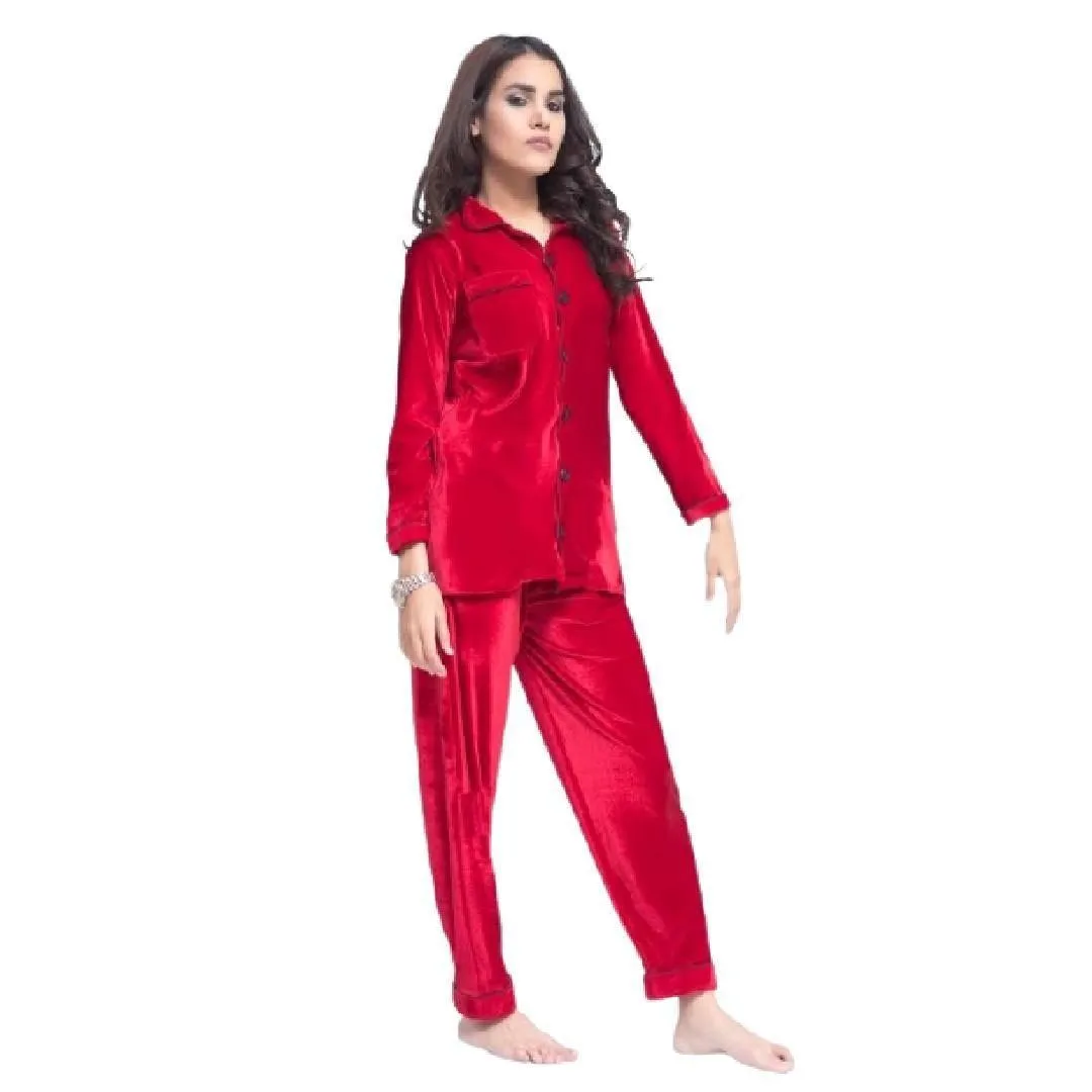 Long Sleeves Velvet Pajama Shirt Set | Ladies 2 Pieces Winter Nightwear  | Sleepwear For Women