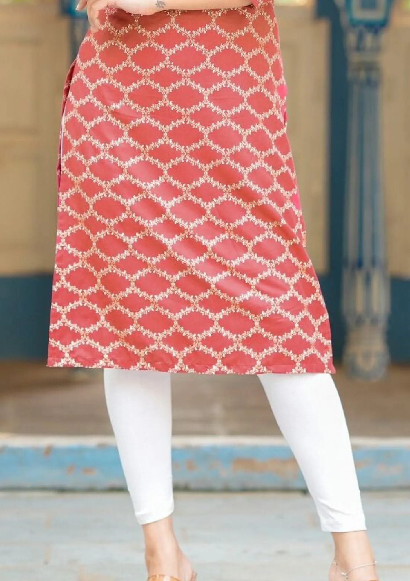 Lovely Pink Color Rayon Gold Print Kurti With Fancy Embroidery Work For Women