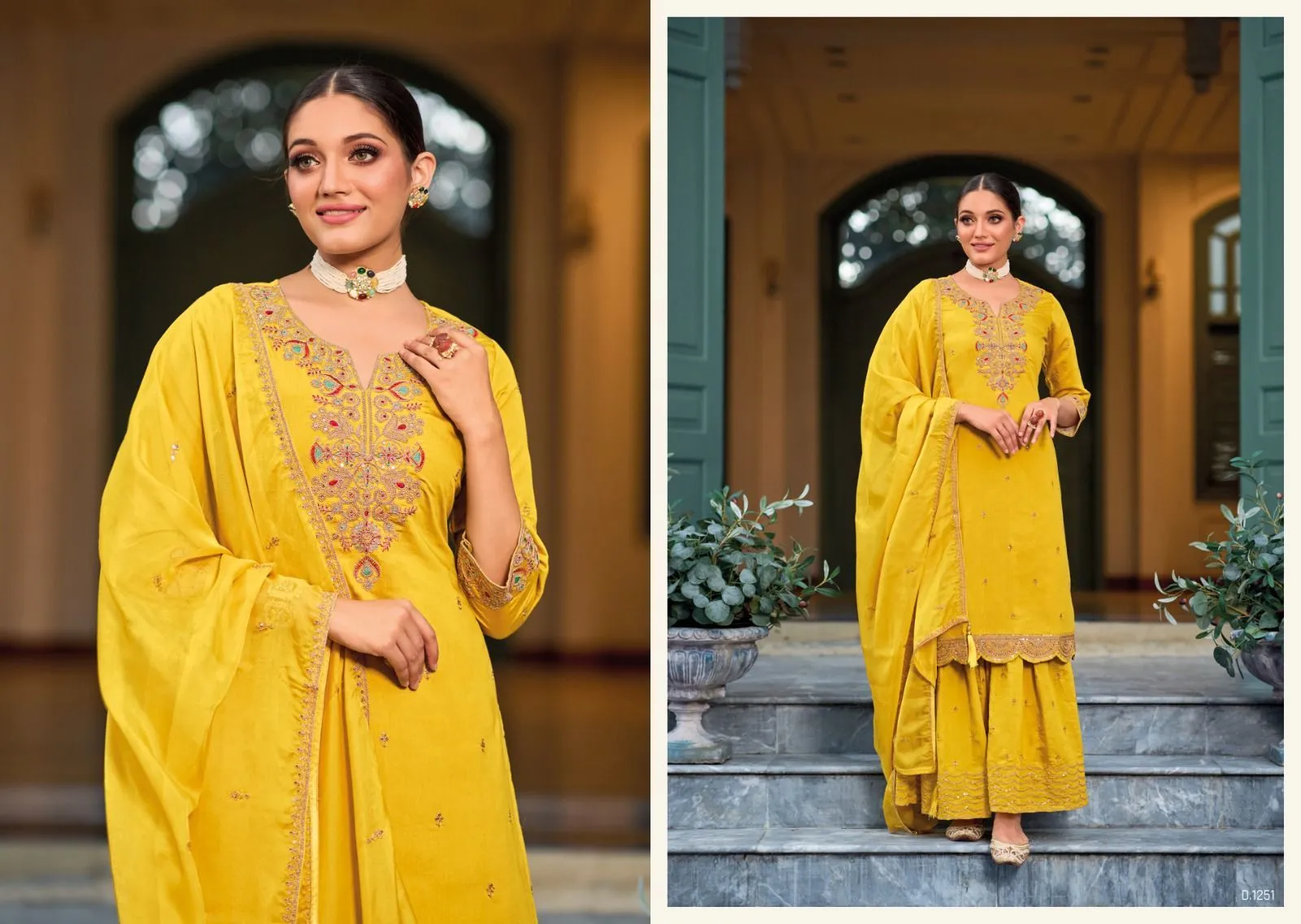 Lovely Yellow Color Roman Silk Designer Sharara Suits With Embroidery Work For Women