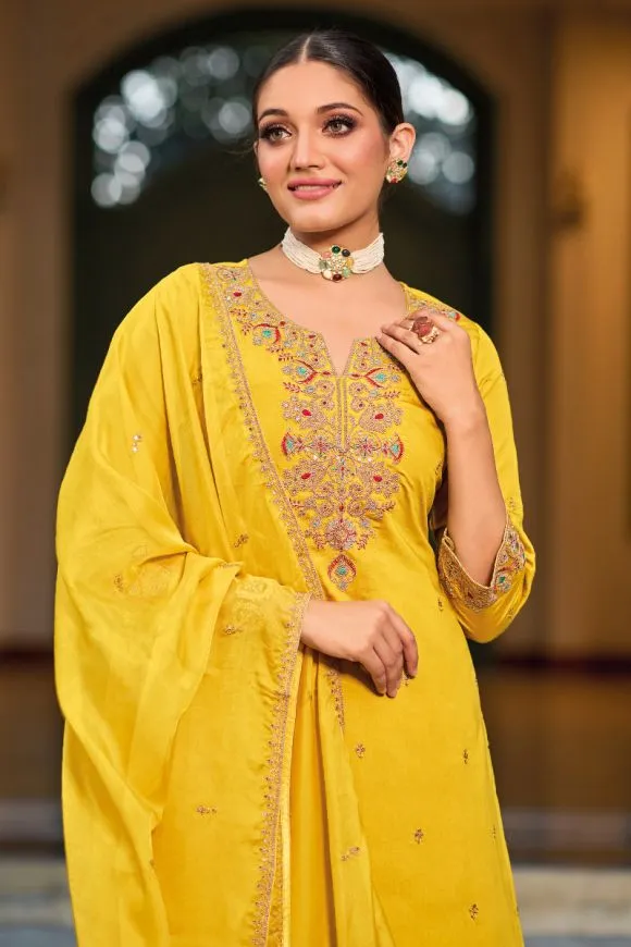 Lovely Yellow Color Roman Silk Designer Sharara Suits With Embroidery Work For Women