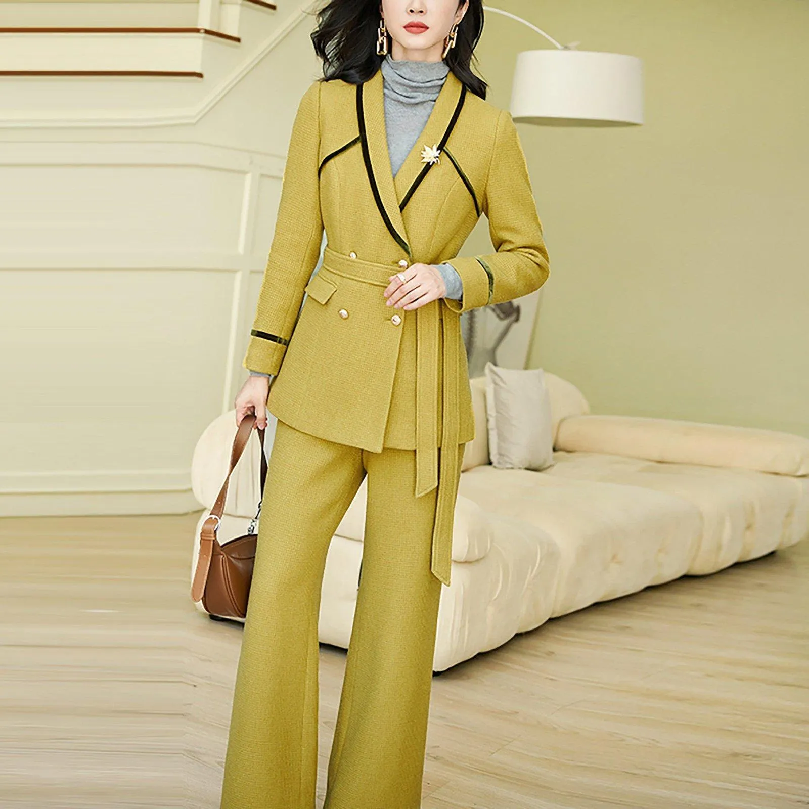 Mustard Wool Blend Shawl Collar Blazer & Flare Pants Set