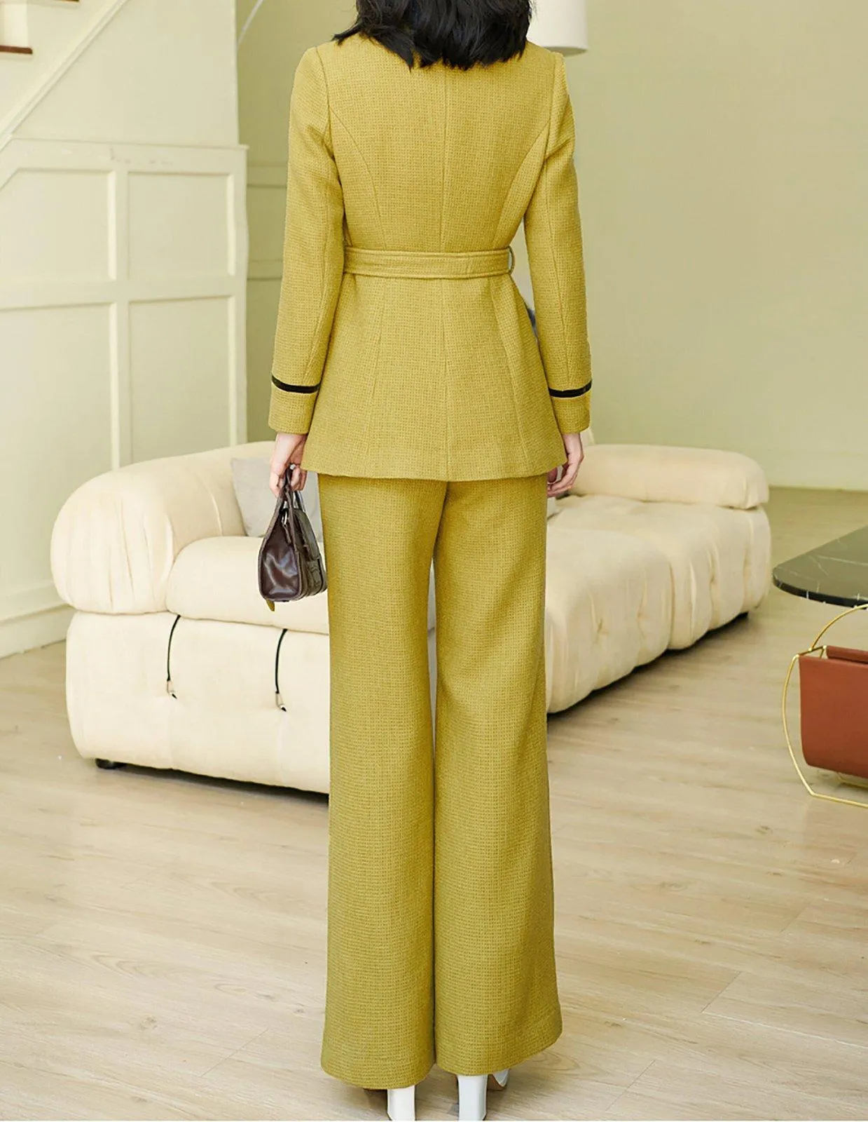 Mustard Wool Blend Shawl Collar Blazer & Flare Pants Set