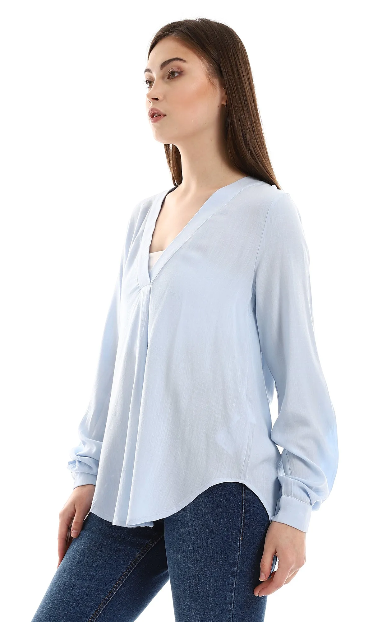 O165020 Textured High Low Baby Blue Blouse