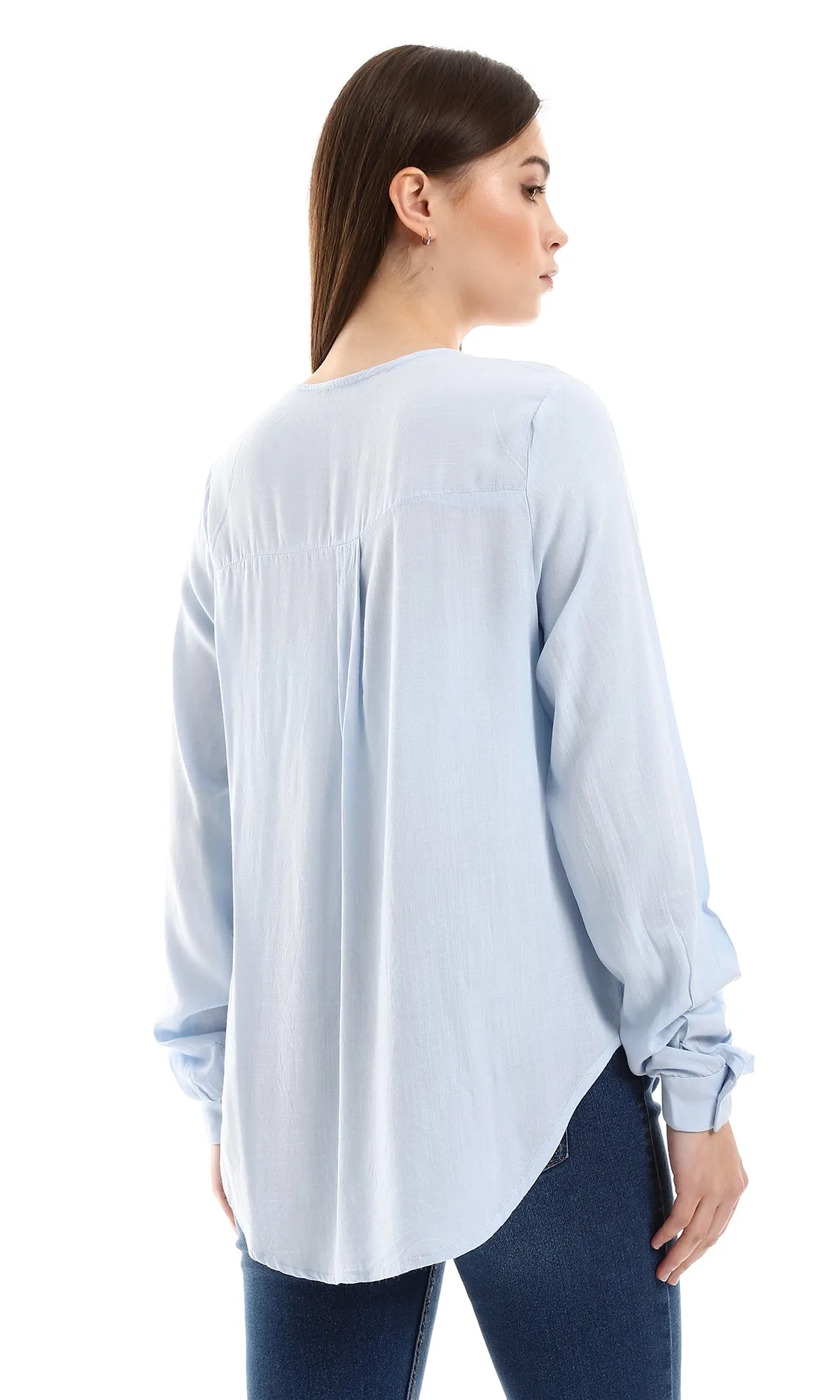 O165020 Textured High Low Baby Blue Blouse