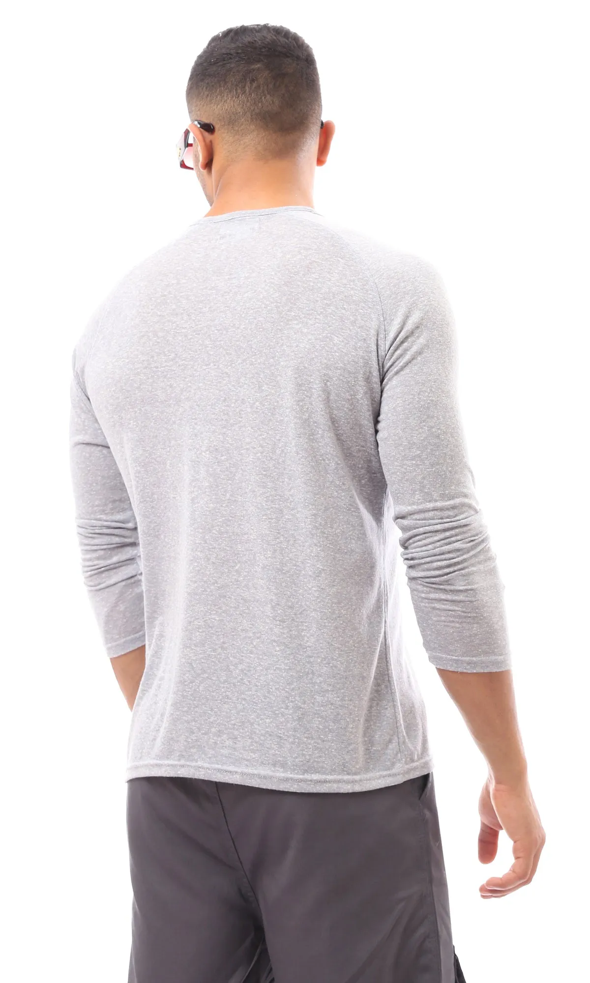 O171798 Buttoned Round Neck Heather Grey Henley Shirt