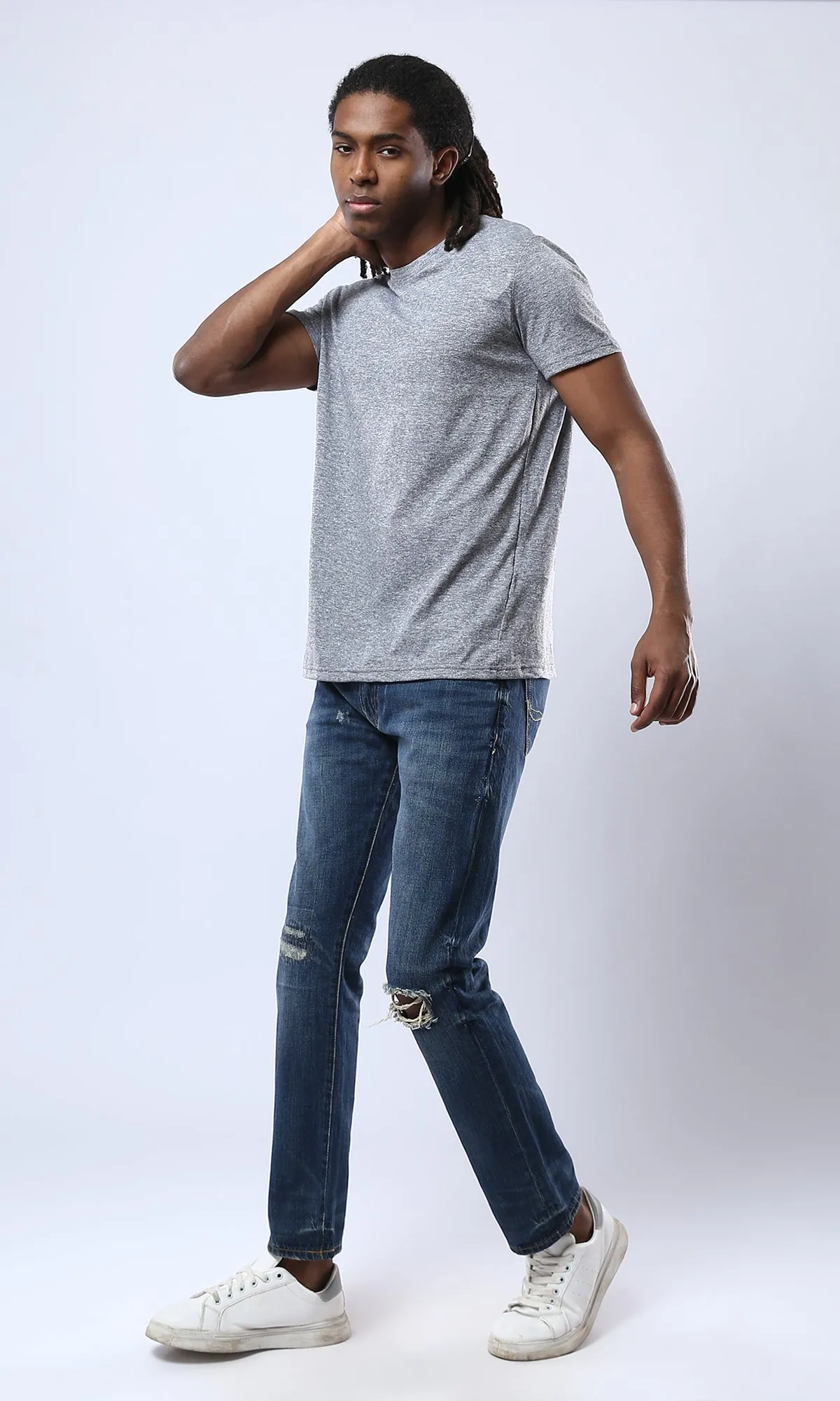 O178874 Crew Neck Heather Dark Grey Cotton Tee