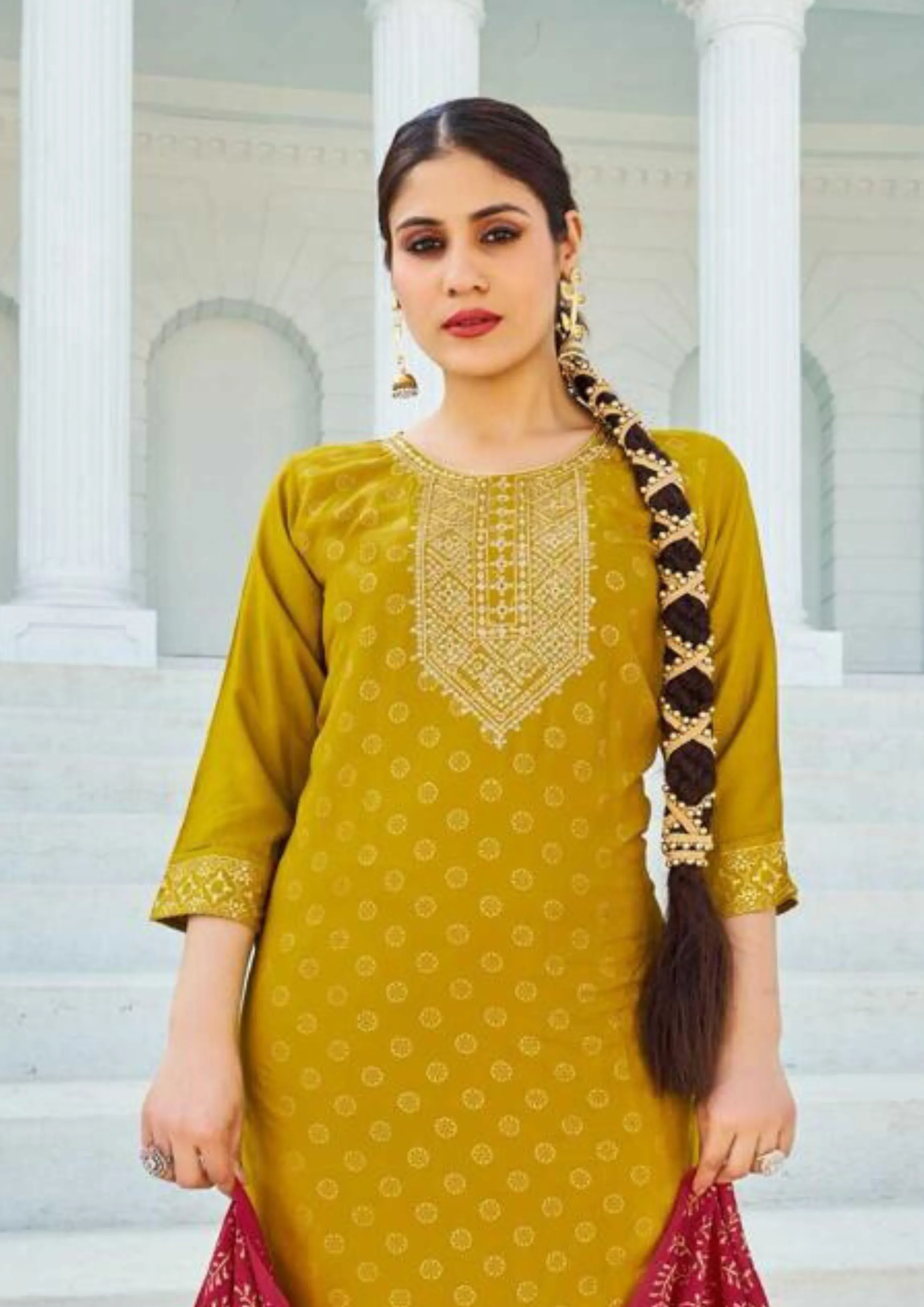 Pleasing Mustard Yellow Rayon With Foil Print Kurti And Dupatta Sets For Women