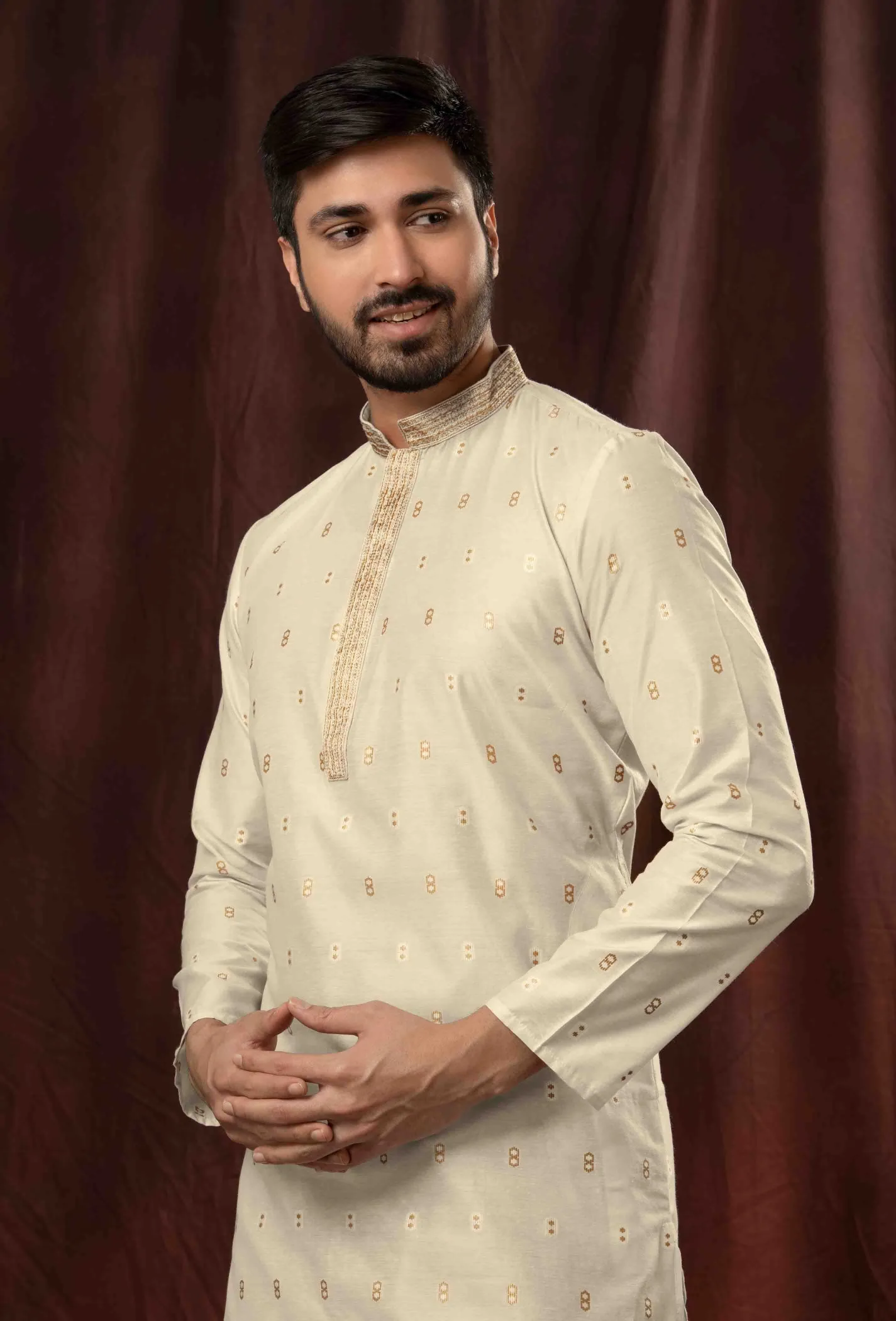 Pleasing White Color Poly Jacquard Kurta With Pajama Pant For Men