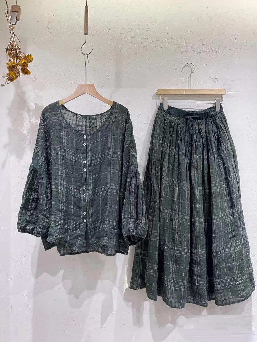 Plus Size Spring Women Retro Plaid Ramie Shirt/Skirt