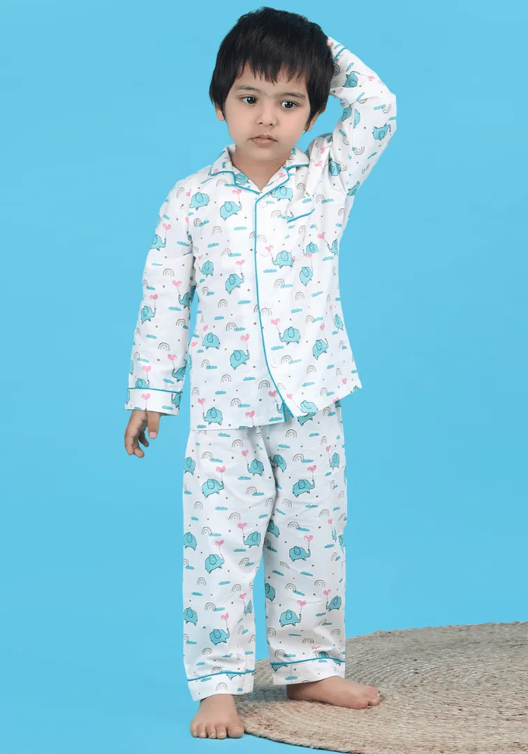 Polka Tots Full sleeve Elephant print Night suit - White