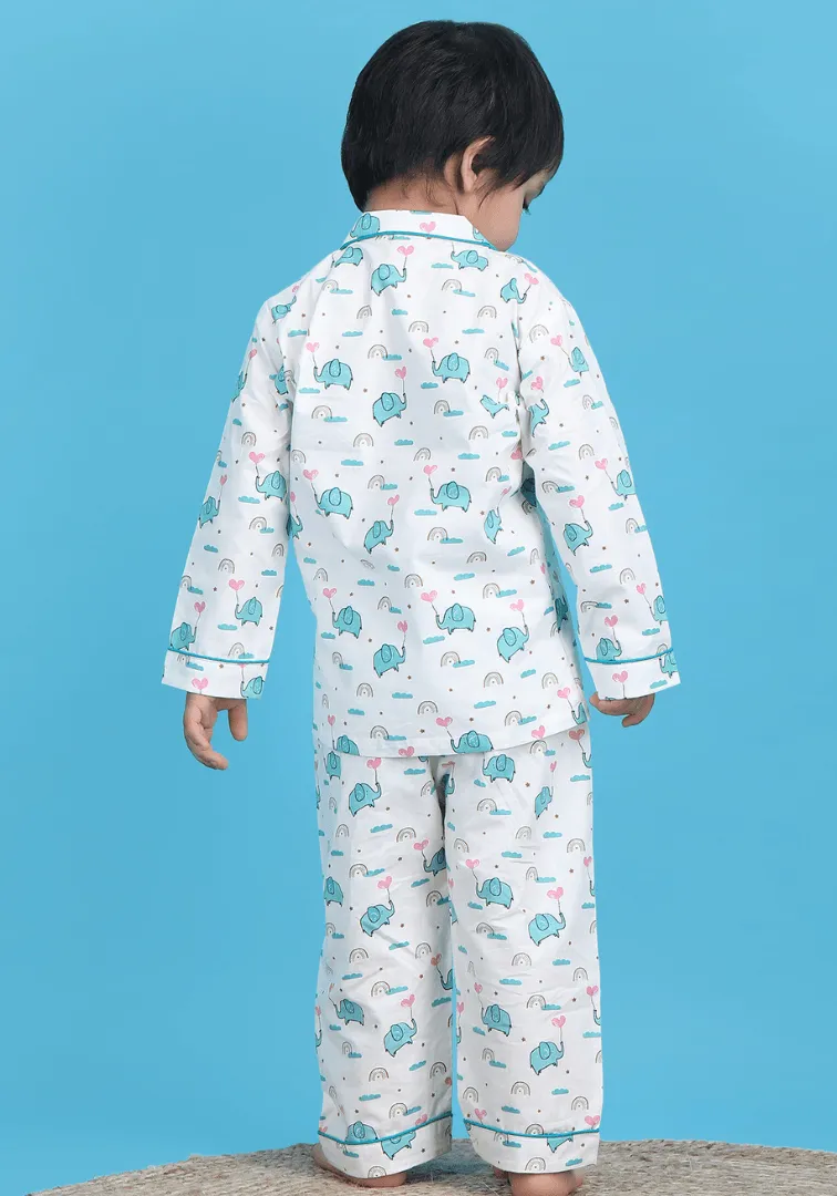 Polka Tots Full sleeve Elephant print Night suit - White