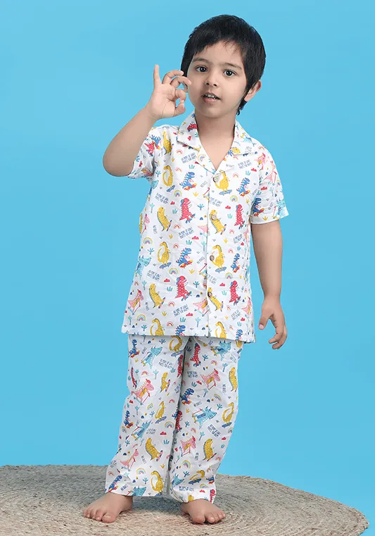 Polka tots Half Sleeve Dinosaur print Night Suit - Multicolor