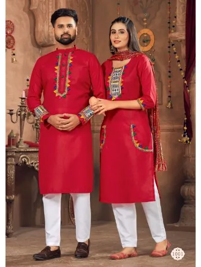 Red Couple Navratri White Kurta Pajama & Dupatta for Men Women