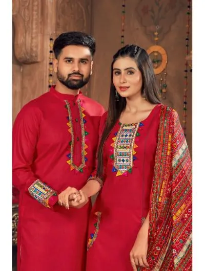 Red Couple Navratri White Kurta Pajama & Dupatta for Men Women