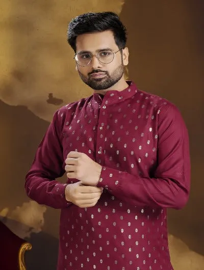 Red Designer Gold Butti Cotton Men Kurta Pajama