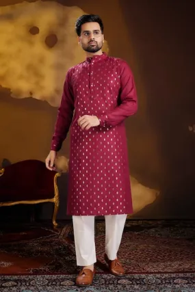 Red Designer Gold Butti Cotton Men Kurta Pajama