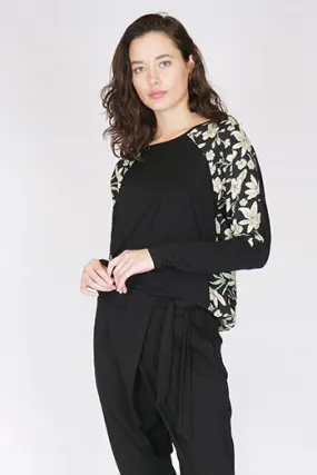 Scribble Green Floral Sleeve Black Top