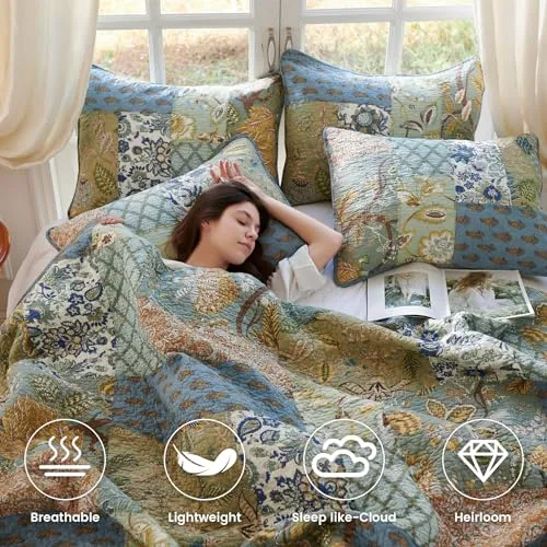 Secgo King Size Comforter Set- 100% Cotton Quilt King Size Set, Green, Sage bedspreads (96 * 108 Inch) with 2 Pillow Shams, Patchwork Reversible Lightweight Bedding