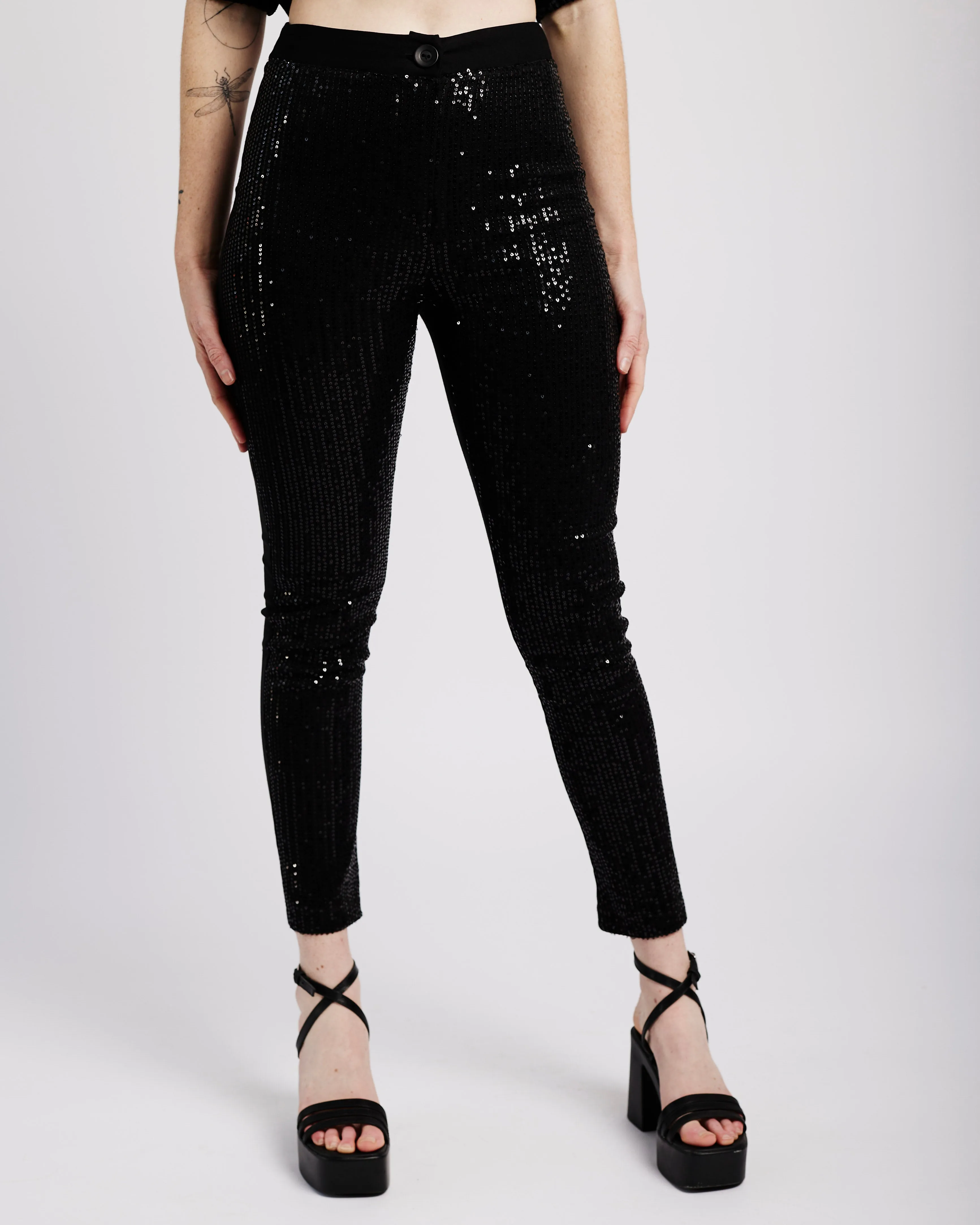 Sequin Cropped Skinny Leg in Black