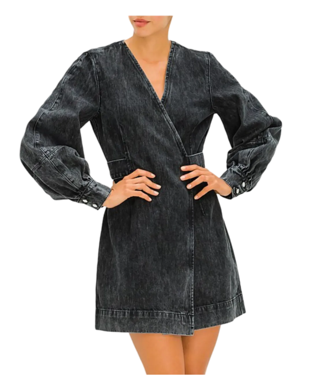 Size 8 - Ganni Black Washed Denim Wrap Mini Dress