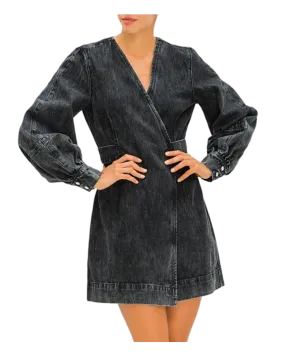 Size 8 - Ganni Black Washed Denim Wrap Mini Dress