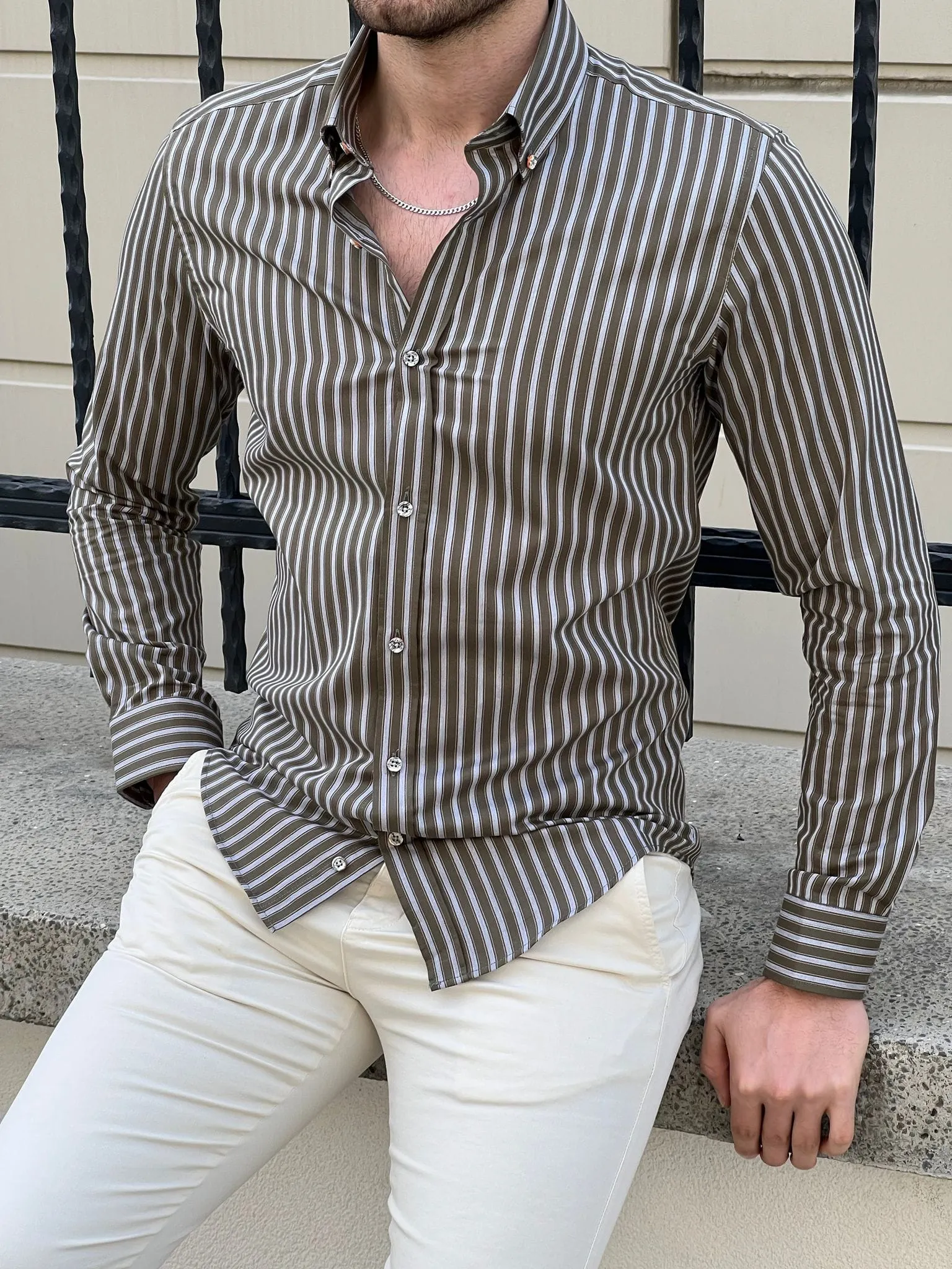 Slim Fit Striped Cotton Khaki Shirt