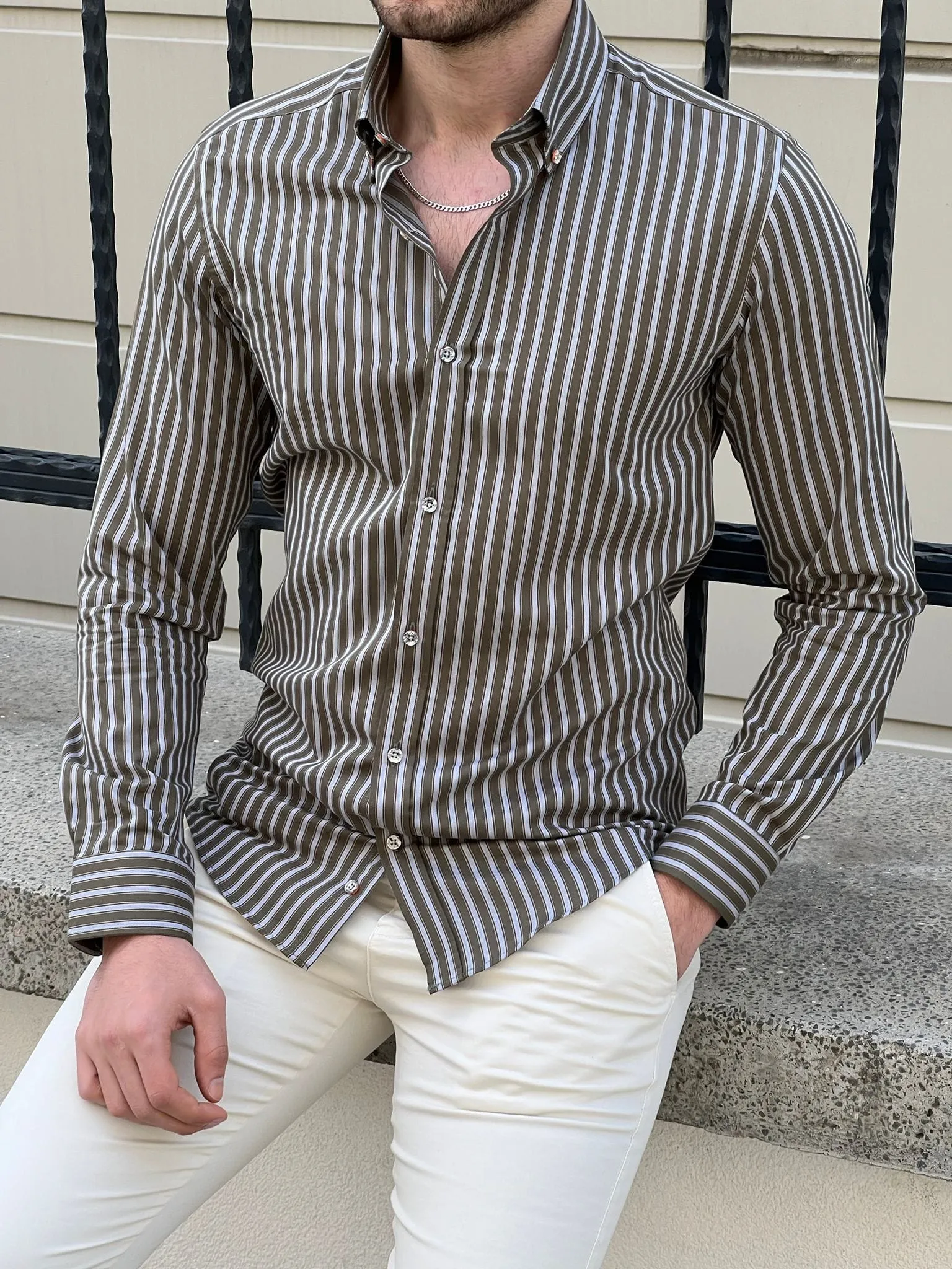 Slim Fit Striped Cotton Khaki Shirt