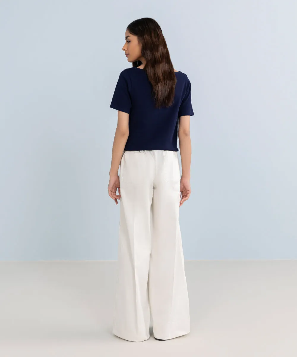 Stretched Cotton Wide Leg Trousers