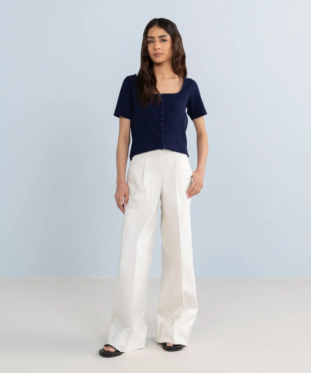 Stretched Cotton Wide Leg Trousers