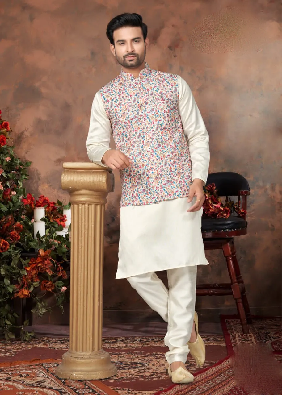 Stunning Multicolor Silk Kurta And Pajama Set With Digital Print And Sequins Work Jacket For Men