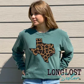 Texas in Leopard Faux Sequin Long Sleeve T-shirt