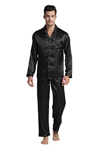 TONY & CANDICE MEN'S CLASSIC SATIN PAJAMA SET (LARGE, BLACK)