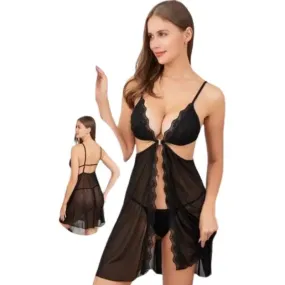 Transparent babydoll Black Silk Sexy Bridal Nighty 2 Pcs