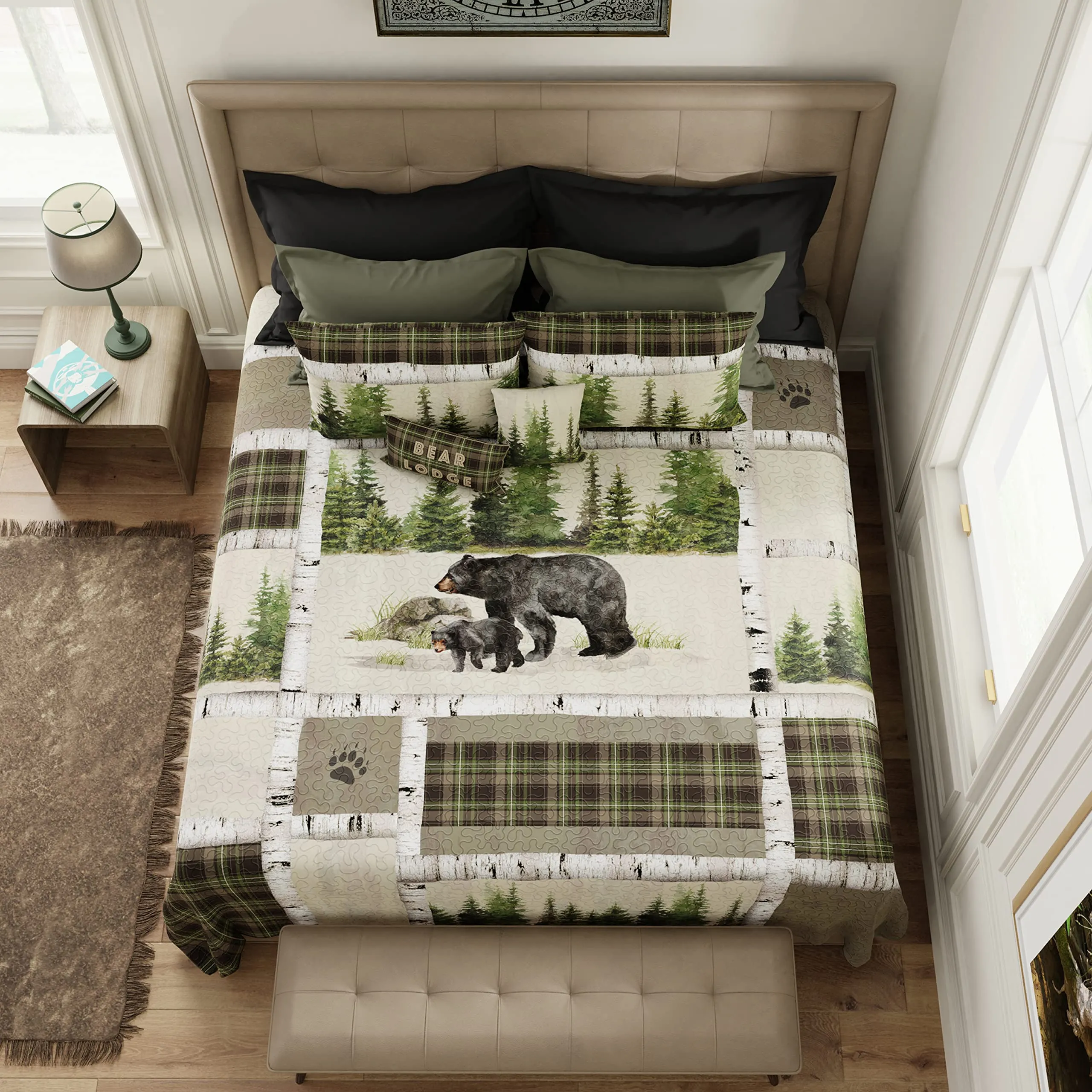 Twin Bedding Set - 2 Piece - Bear Panels Lodge Quilt Set with Twin Quilt and Standard Pillow Sham - Machine Washable