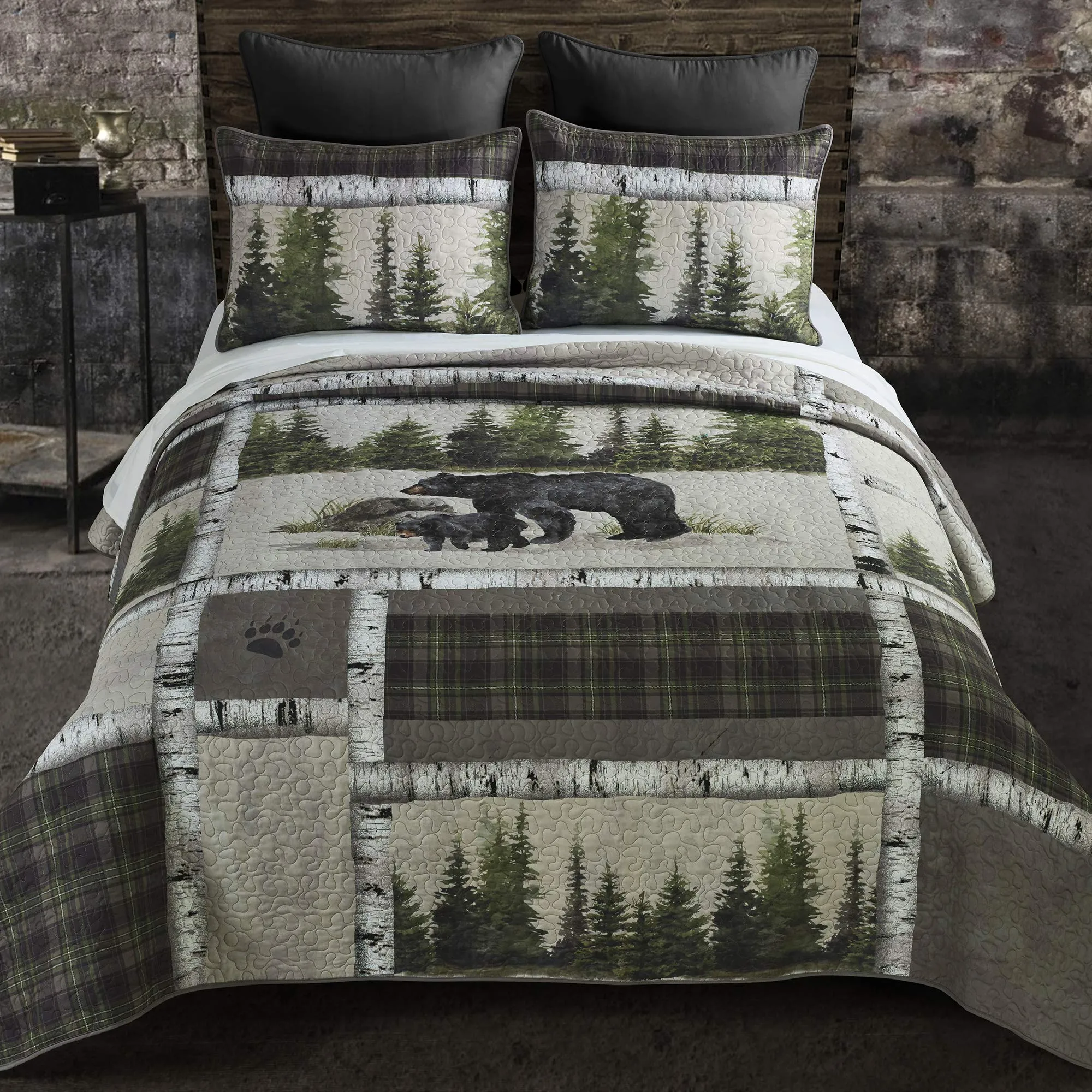 Twin Bedding Set - 2 Piece - Bear Panels Lodge Quilt Set with Twin Quilt and Standard Pillow Sham - Machine Washable